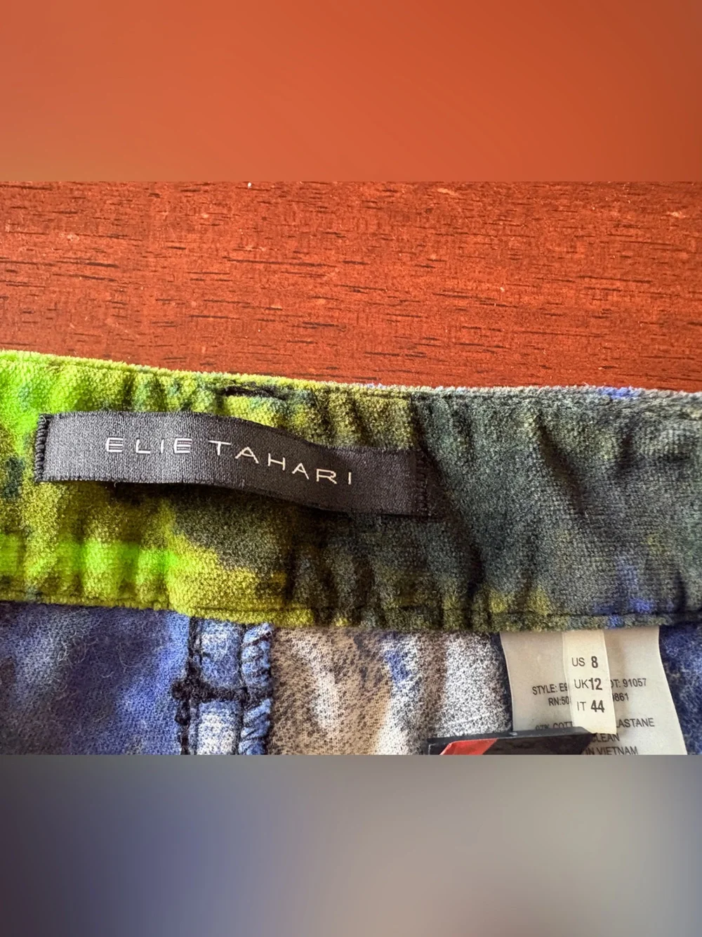 Elie Tahari Velvet Pants Green & Blue Brushprint | 8 | Festival Artist Eclectic